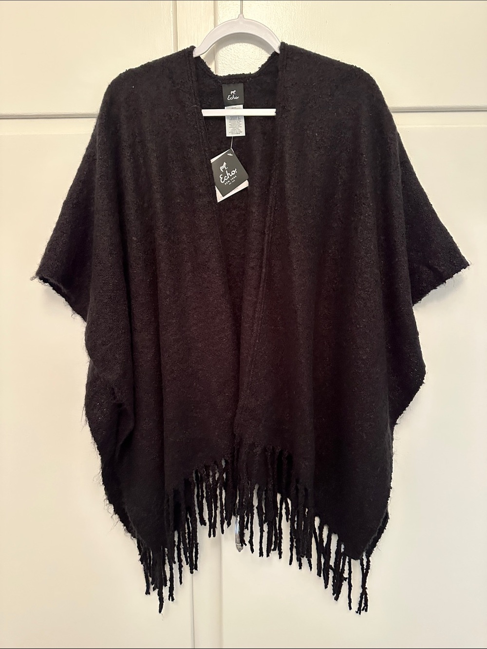 NWT Echo New York Tuckernuck Black Fringe Open-Front Poncho Cape